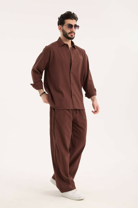 Embroidered Detail Shirt & Pants Set- Brown