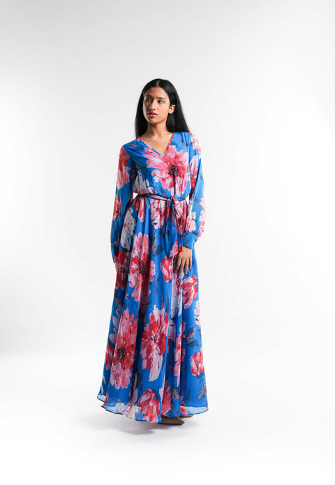 Dark Blue Floral Chiffon Dress Lined