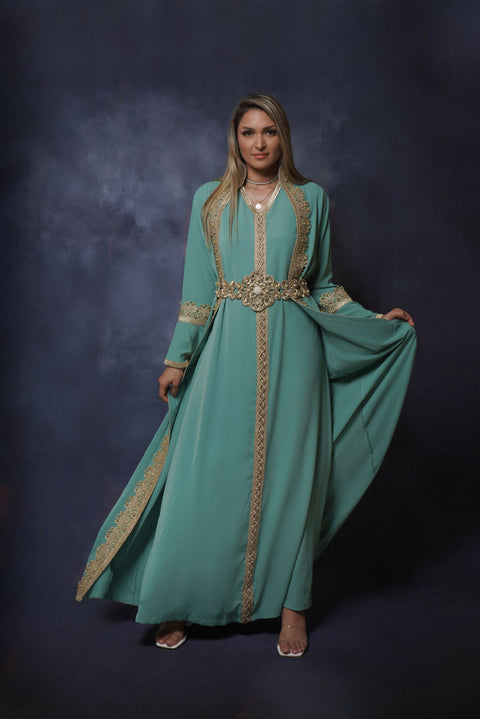 Handcrafted Embroidered Two-piece Silky Kaftan with Belt in Green Free Size