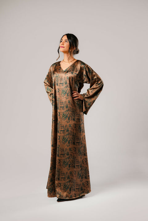Dress-Jellabiya- Patterned Silk long Loose Style - With A luxury mixture of color-Sleeves with elegant and fashionable beads