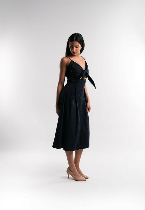 Navy Blue Cotton Dress with Pearl Details