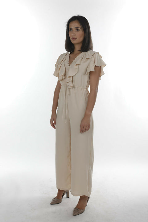 MY PEANUT Saba Ruffle Jumpsuit in Beige