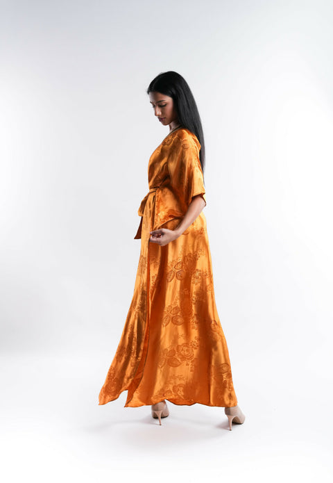 Yellow Satin Kaftan with Lace Detail