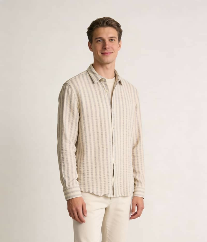 Striped Band Collar Long Sleeve Shirt - Beige