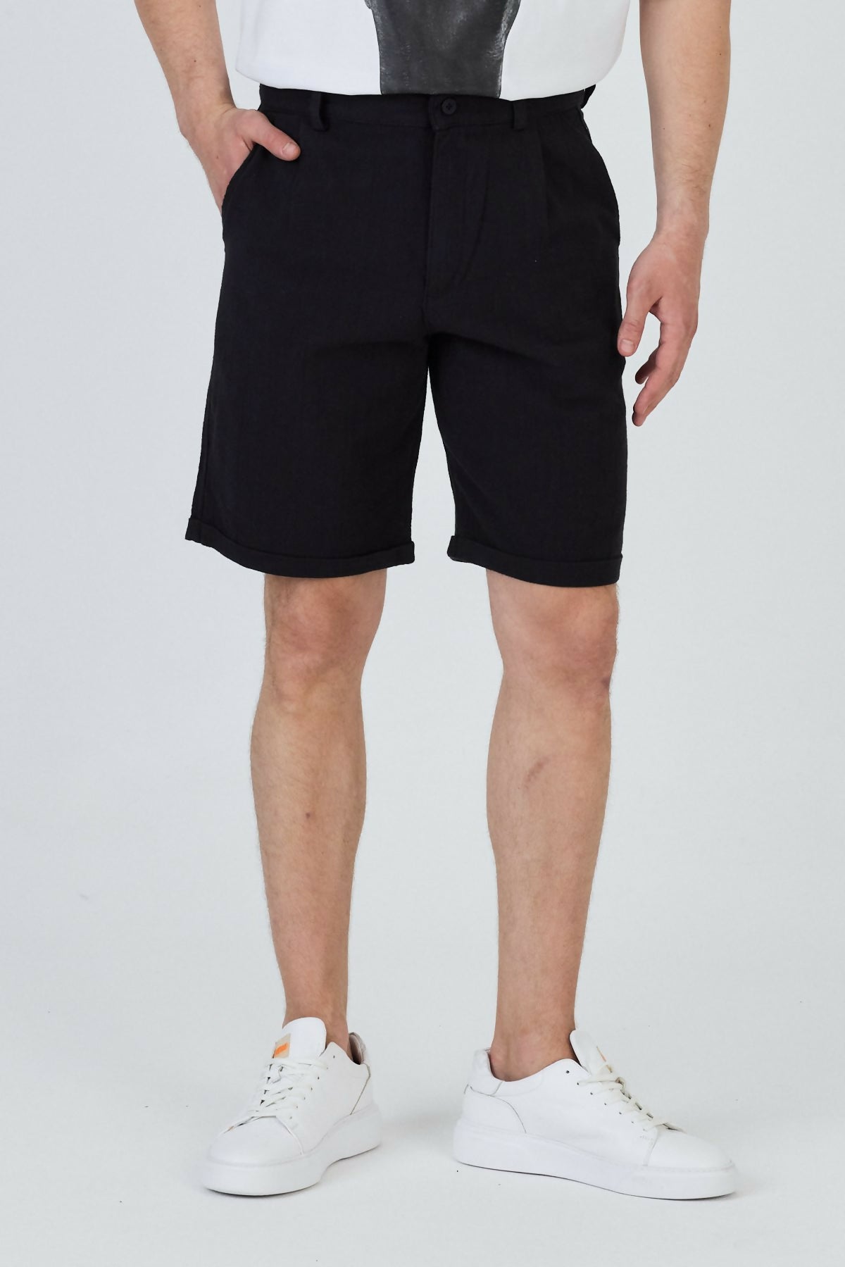 Zippered Linen Shorts with Single Back Pocket - Black