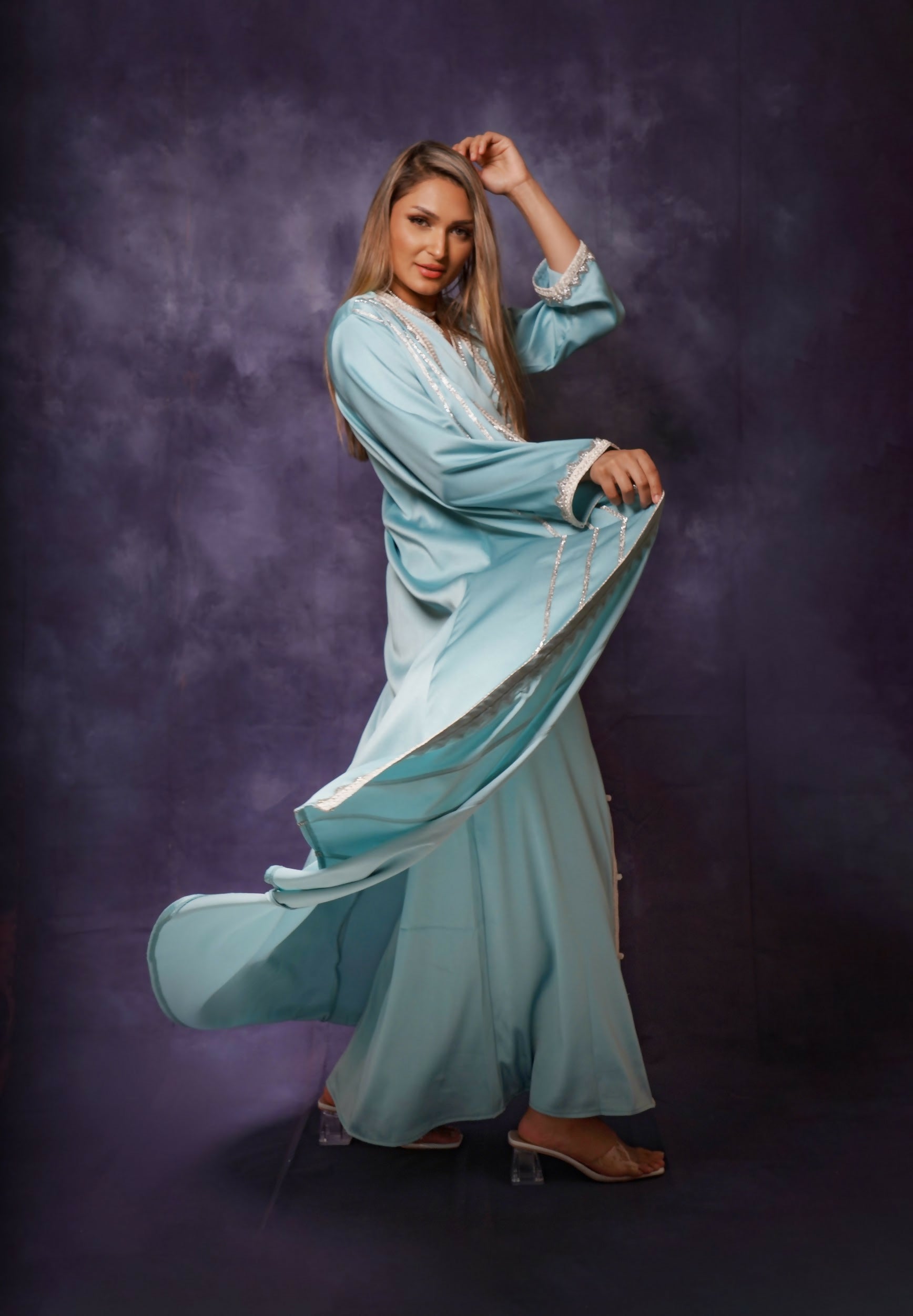 Handcrafted Embroidered – TWO Piece Kaftan Dress with belt – in striped elegant touch