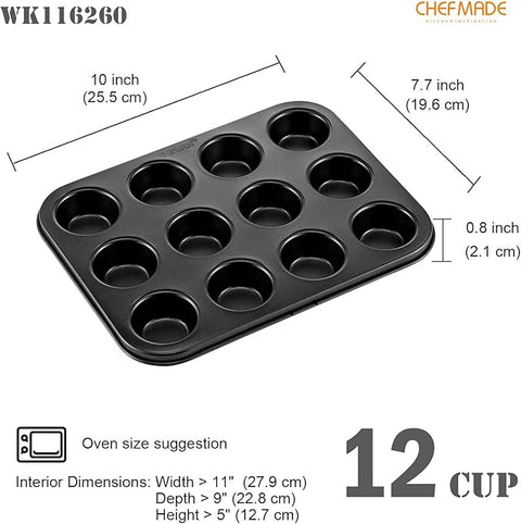 CHEFMADE 12 Cup Muffin Pan, Oven-Safe Muffin and Cupcake Tray, Baking Tray, Essential Non-Stick Pan (BLACK)