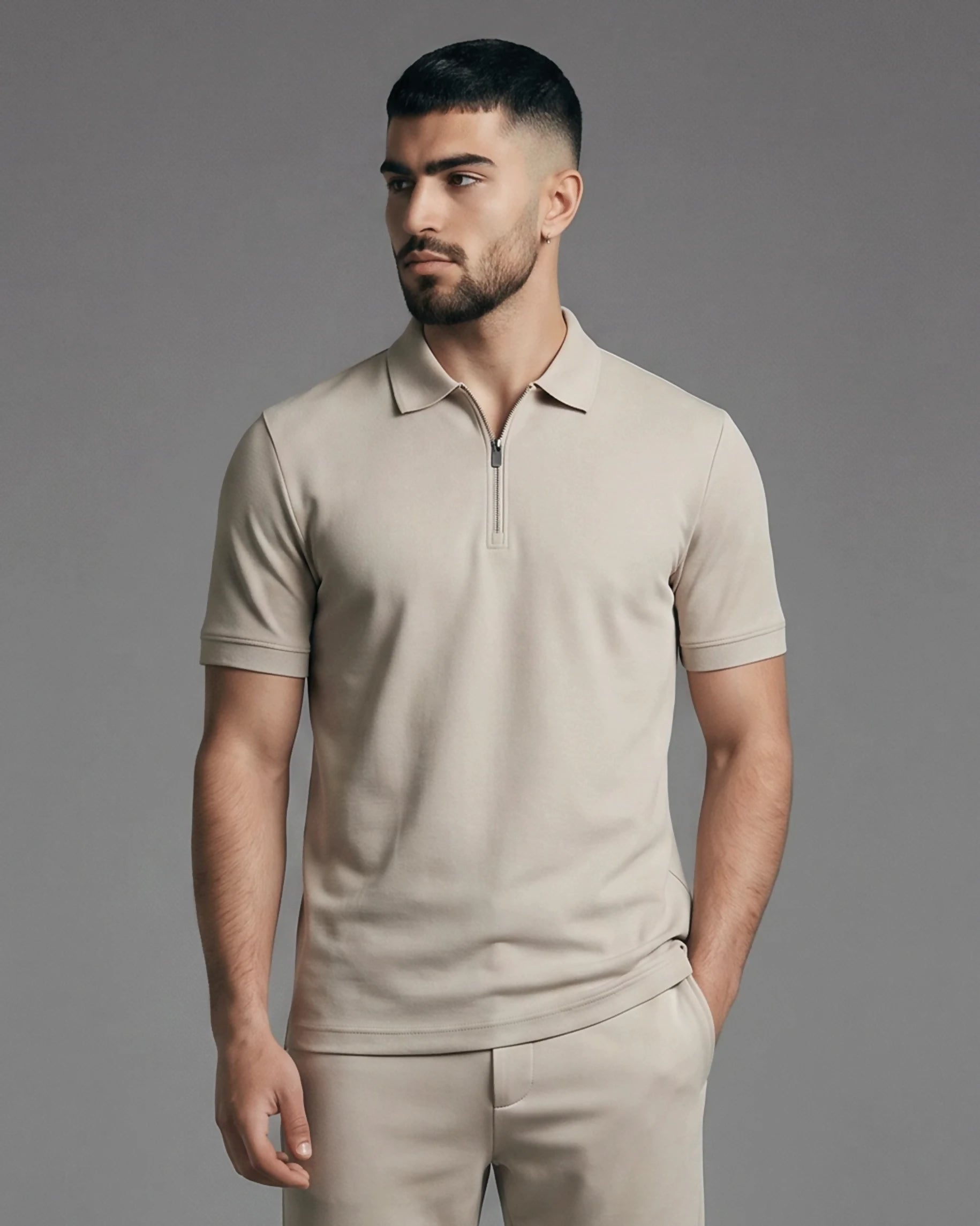 Half-Zip Textured Polo Shirt Pastel Grey