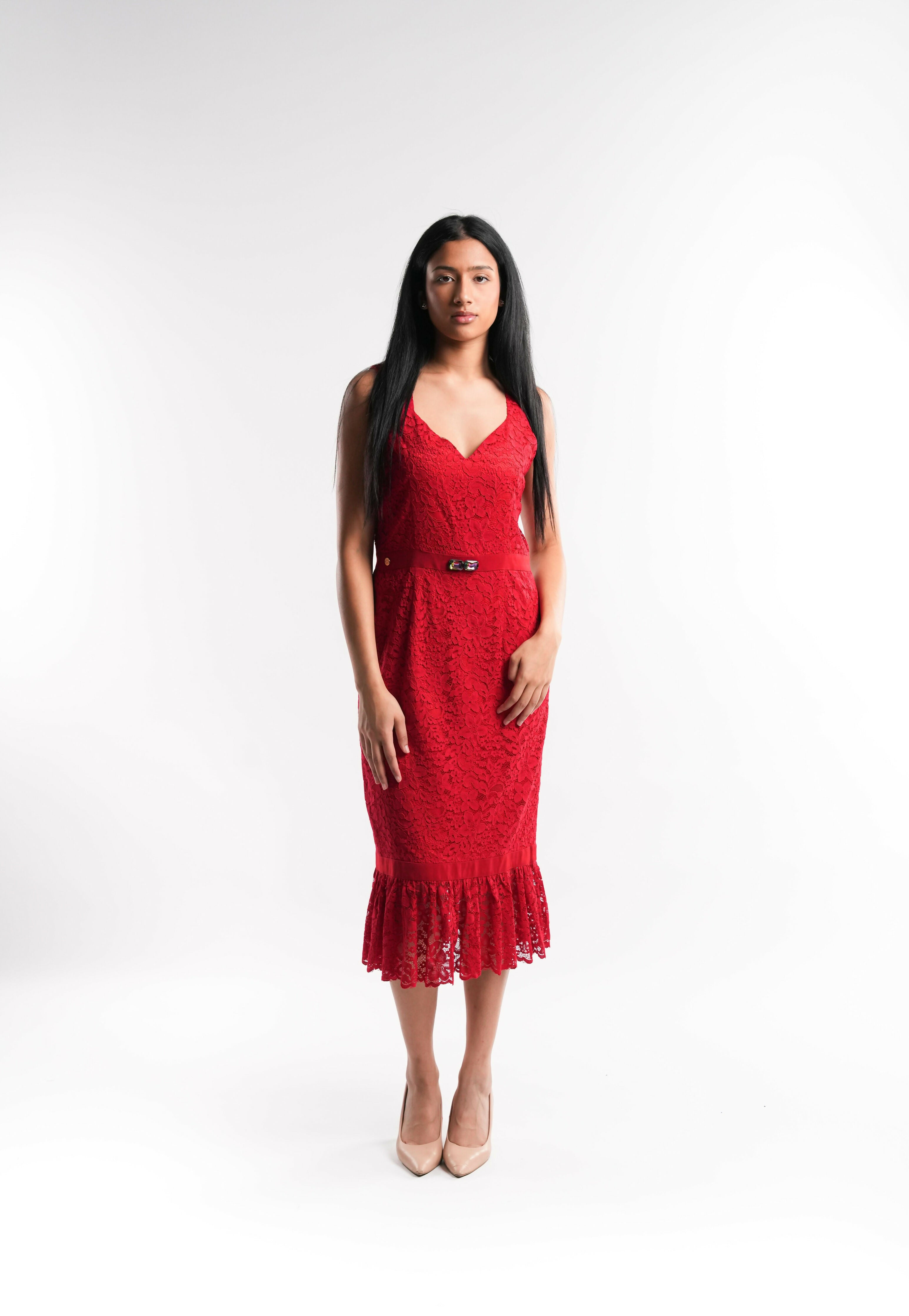Red Lace Dress with Crystal Waist Detail