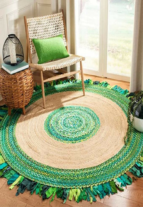 Cotton Jute and Tassel Braided Green Carpet