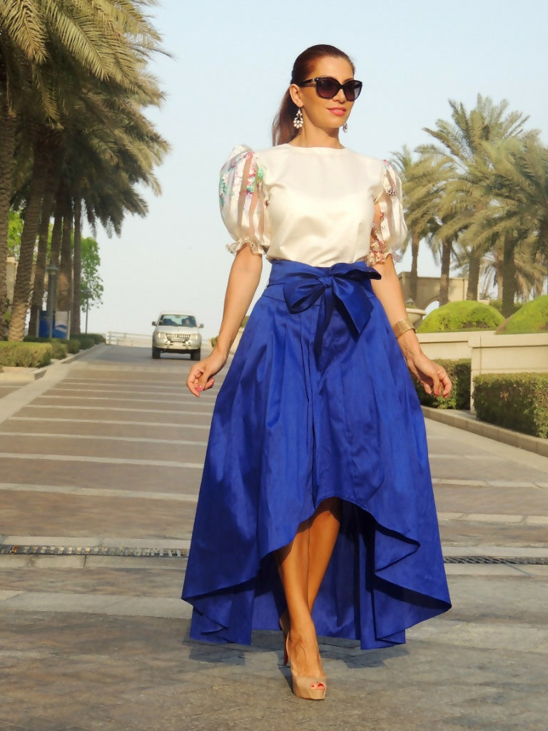 Navy Raw Silk Midi Skirt