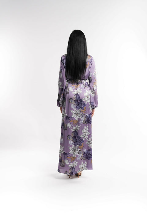 Purple Silk Floral High Neck Dress