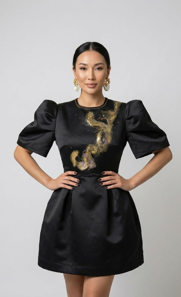 Exclusive Black Taffeta Mini Dress( hand-painted)