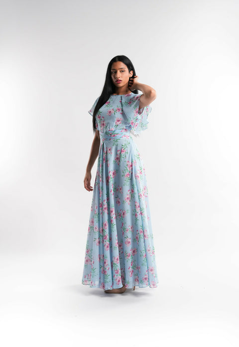Light Blue Floral Chiffon Dress Lined