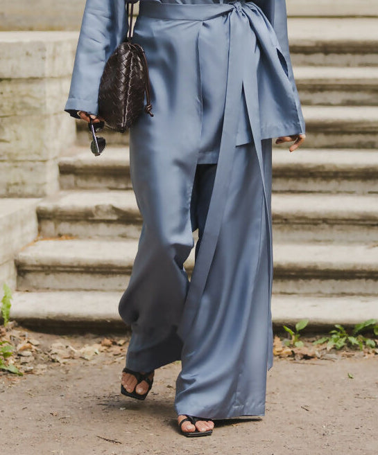 Silk Trousers with Skirt in Blue
