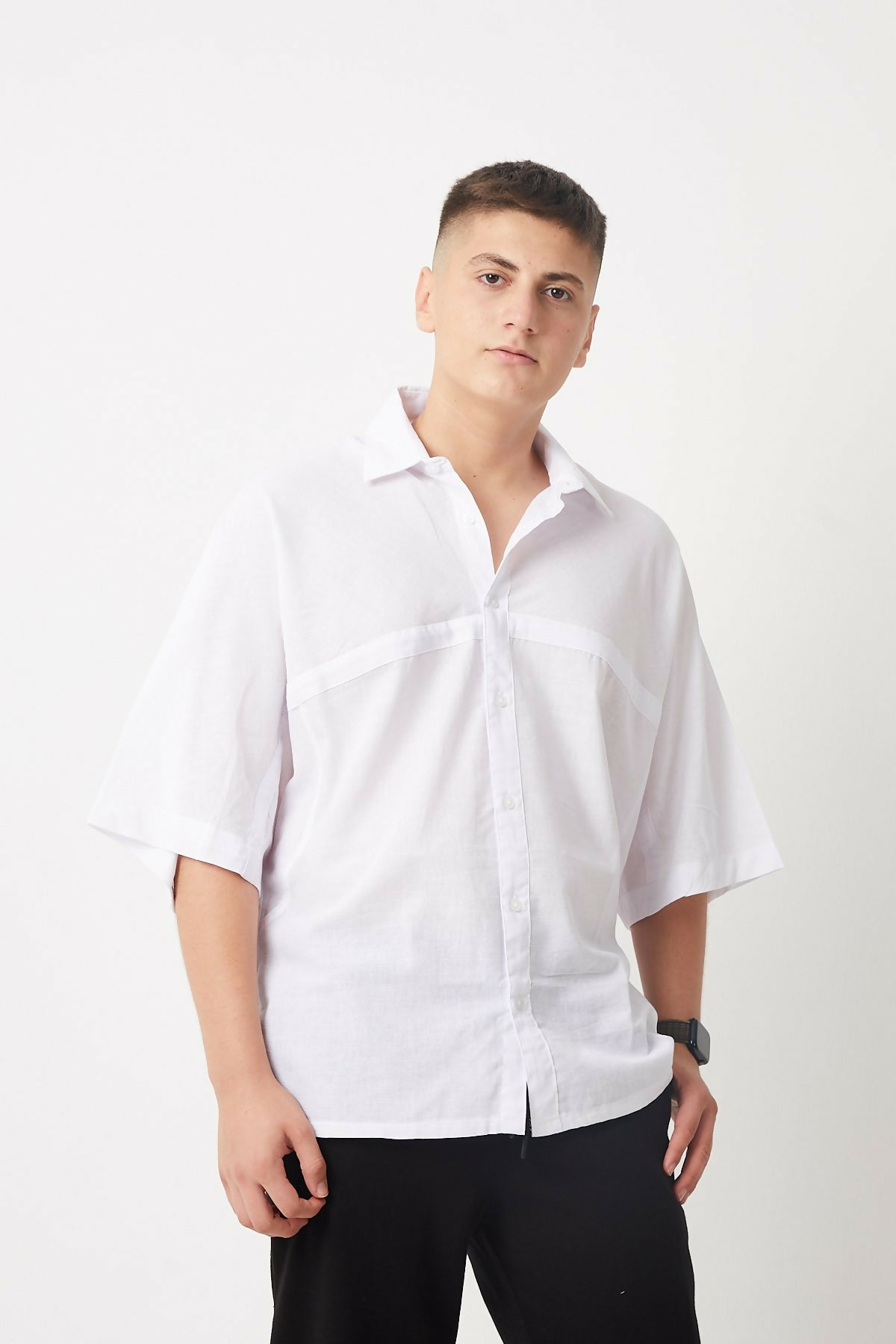 Front and Back Stitch Detail Oversize Cotton Shirt - White