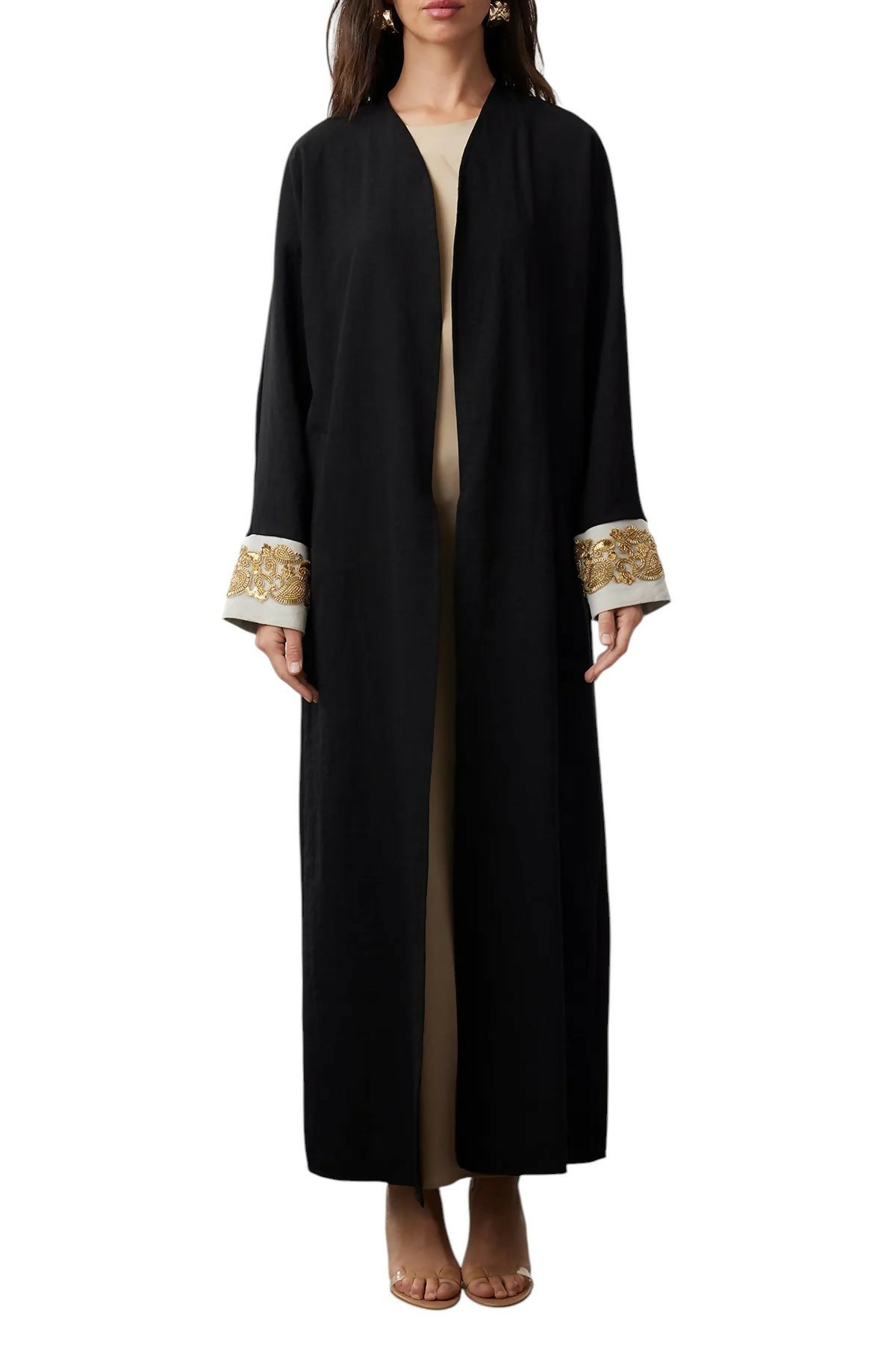 Black Axial Embroidered Woven Abaya