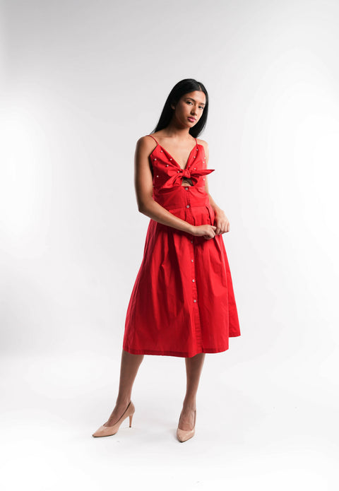 Red Cotton Dress with Pearl Details