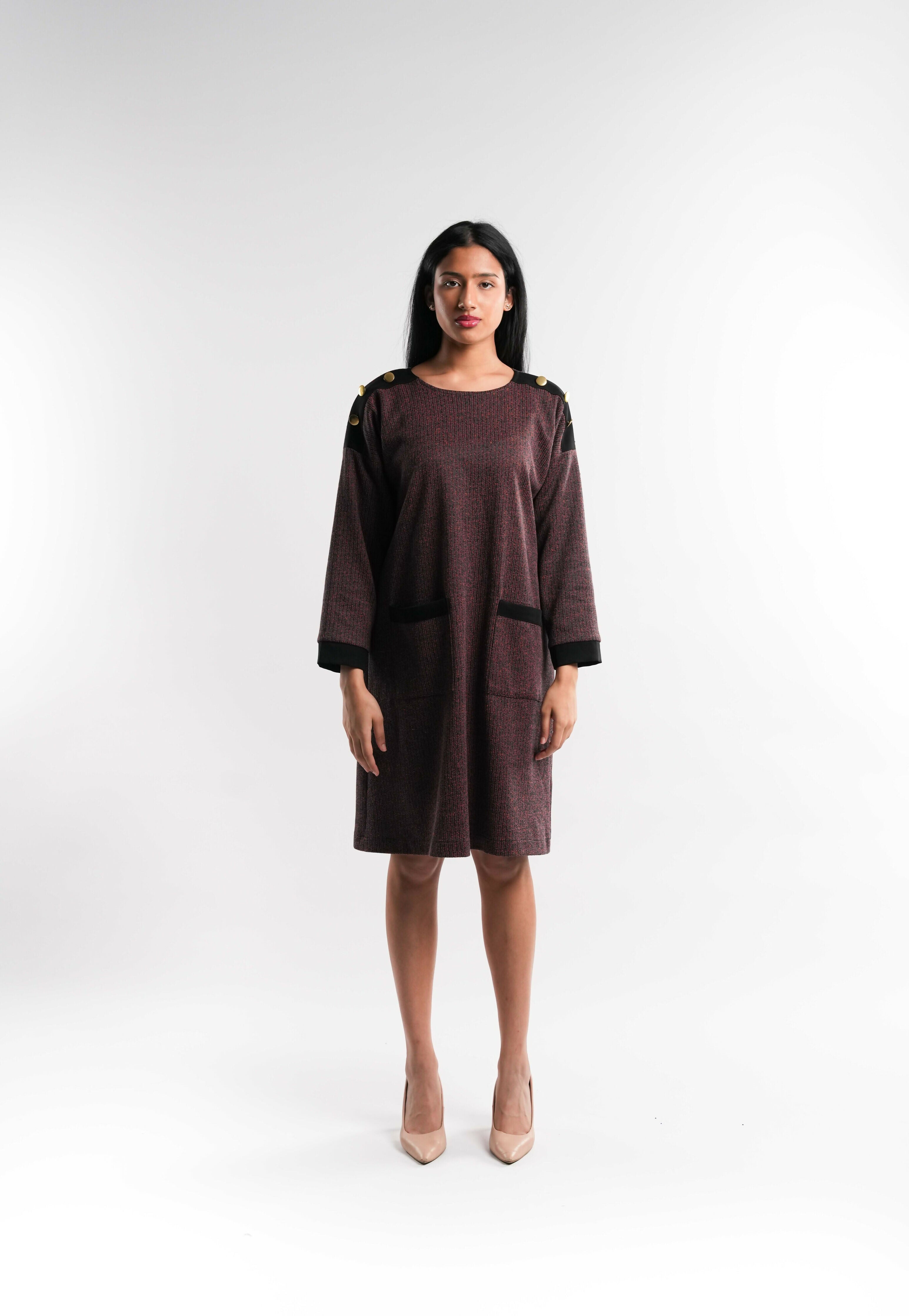 Lined Wool-Blend Winter Dress in Burgundy