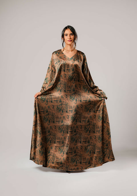 Dress-Jellabiya- Patterned Silk long Loose Style - With A luxury mixture of color-Sleeves with elegant and fashionable beads