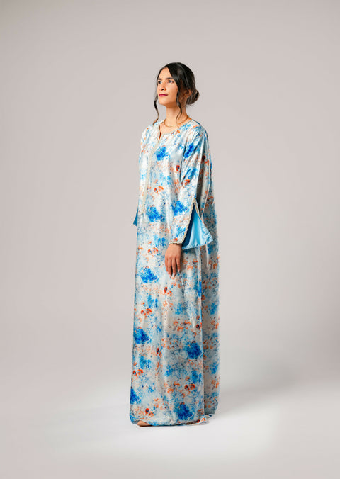 Dress-Jellabiya- Patterned Silk long Loose Style - With A luxury mixture of Blue -brown color-Sleeves with elegant lace