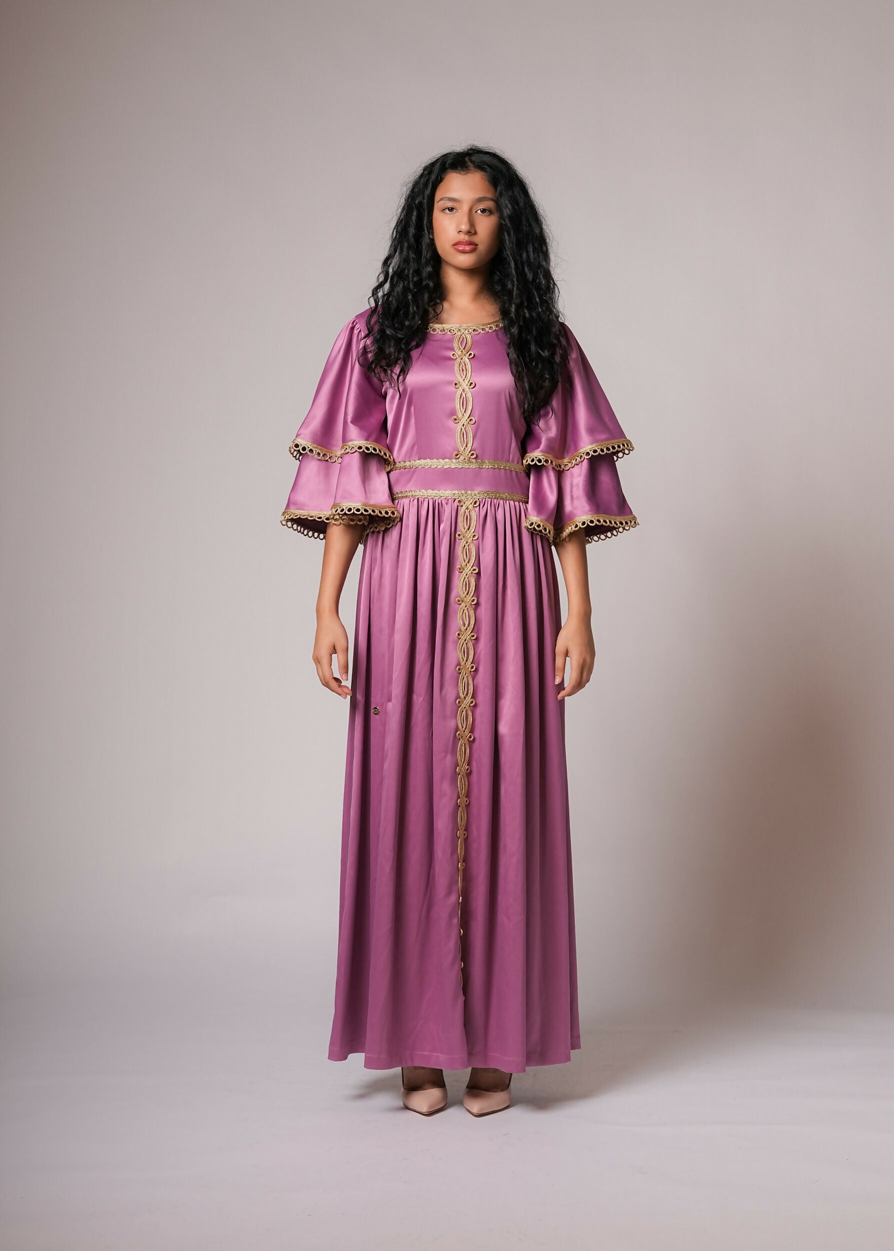Satin Gown in purple embellished with golden lace