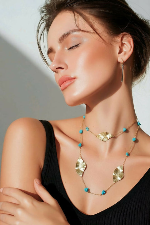Leaf Blue handamde Long Necklace /Natural Stone