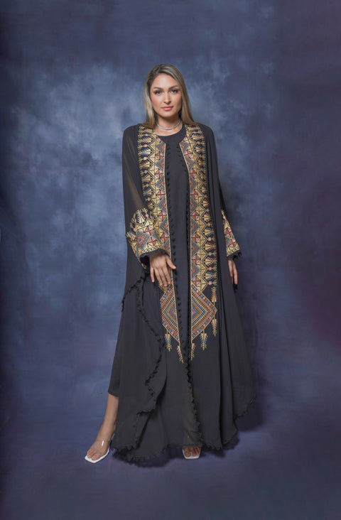 Handcrafted Embroidered Two-piece Silky Kaftan in Black Free Size