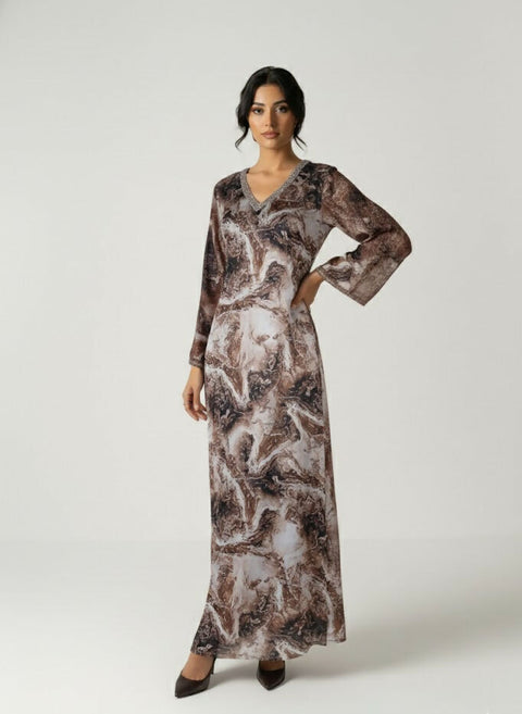Dress-Jellabiya- Patterned Silk long Loose Style -with splendid Colores Brown