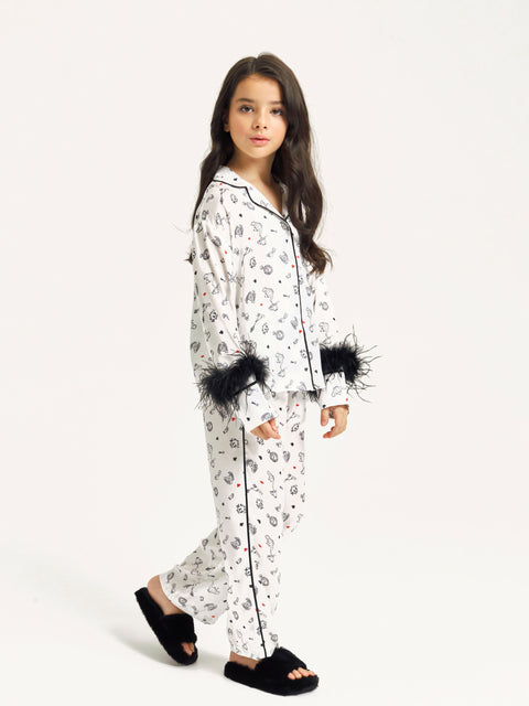Girls' Luxury Silk Two-Piece Set – Alice in Wonderland print