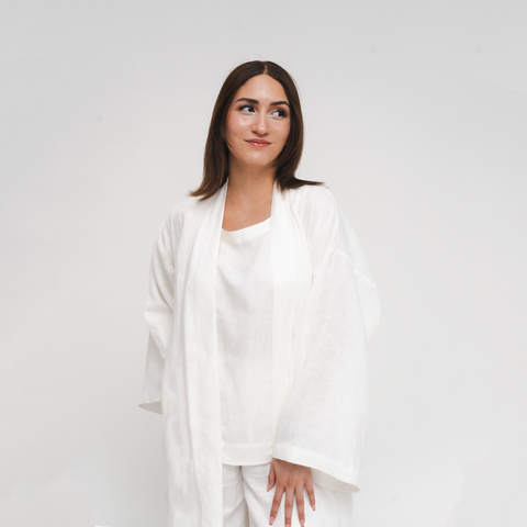 Reese, Italian Linen Kimono Midcalf Jacket in White