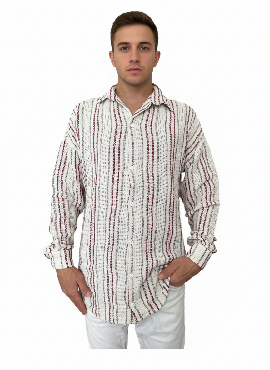 Striped Mandarin Collar Shirt - Burgundy
