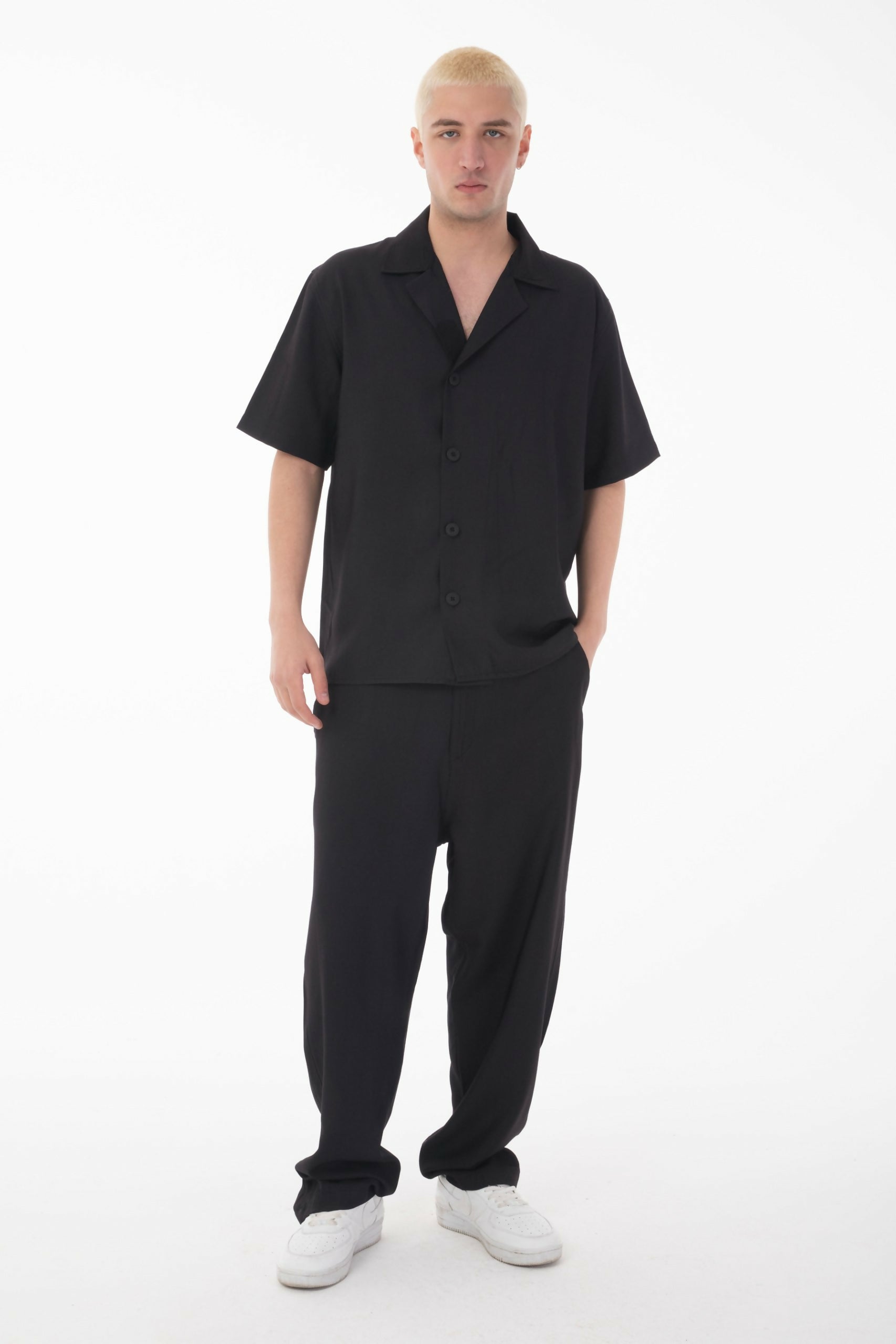 Short Sleeve Shirt Zippered Pants Set - Black