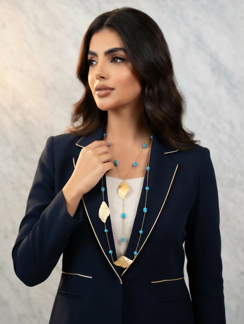 Leaf Blue handamde Long Necklace /Natural Stone