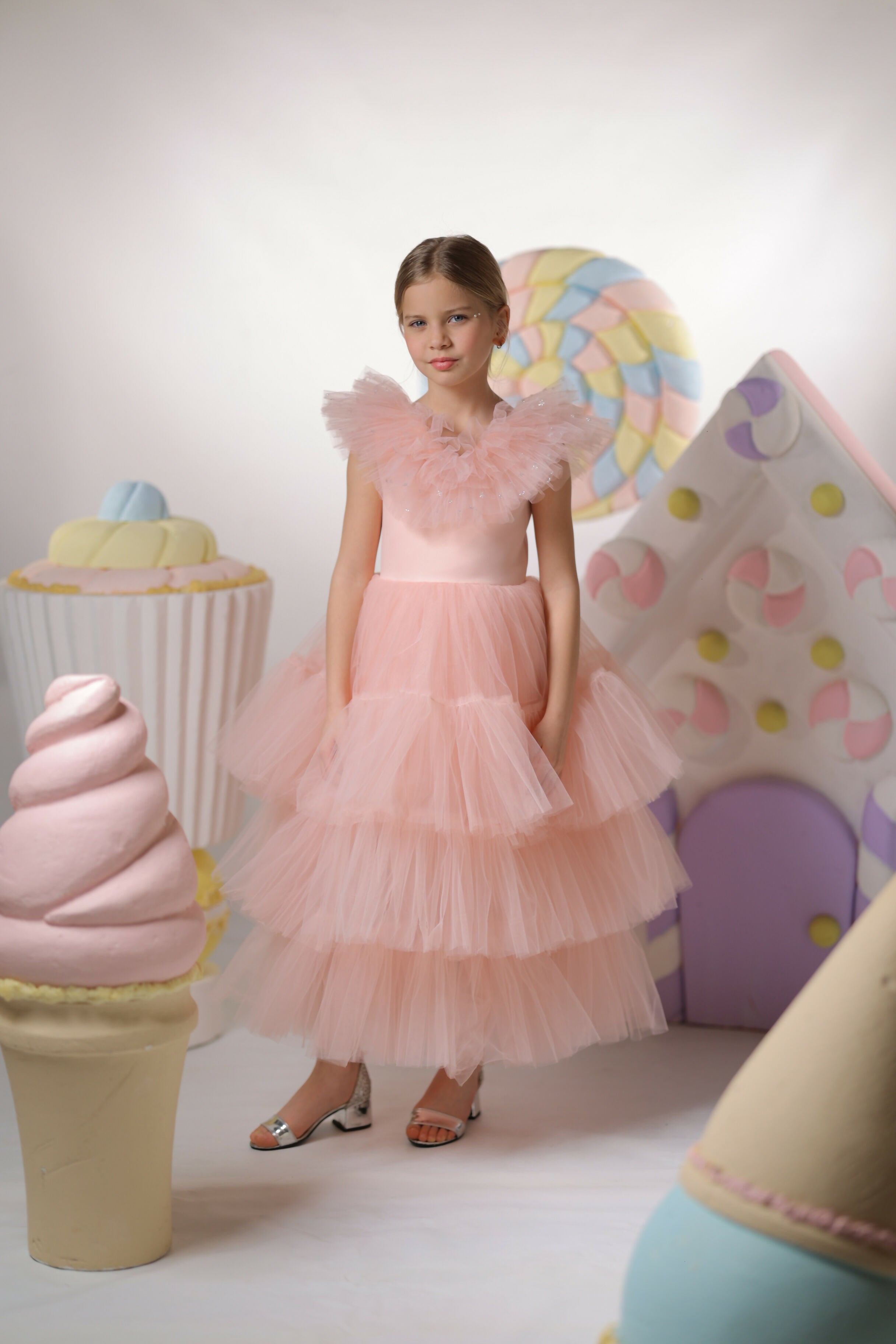 Pink Maxi Party Dress With Tulle Sleeves And Skirt