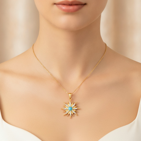 Blue Turquoise & White Zircon - Sun Pendant Necklace