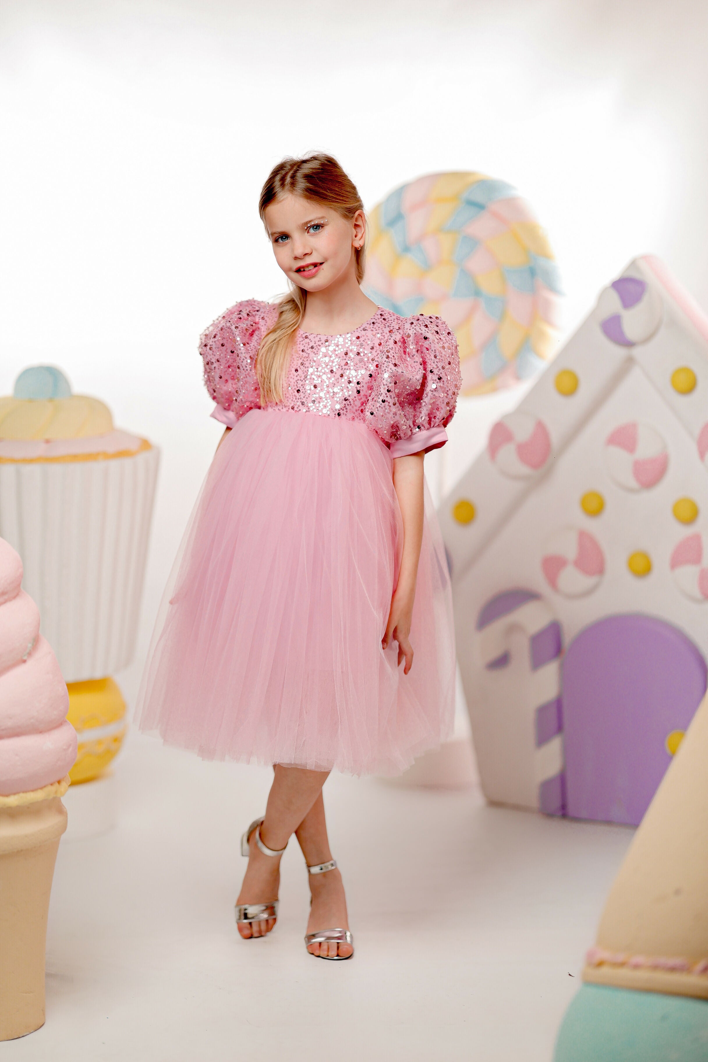 Pink Party Dress With Sequins And Balloon Sleeves