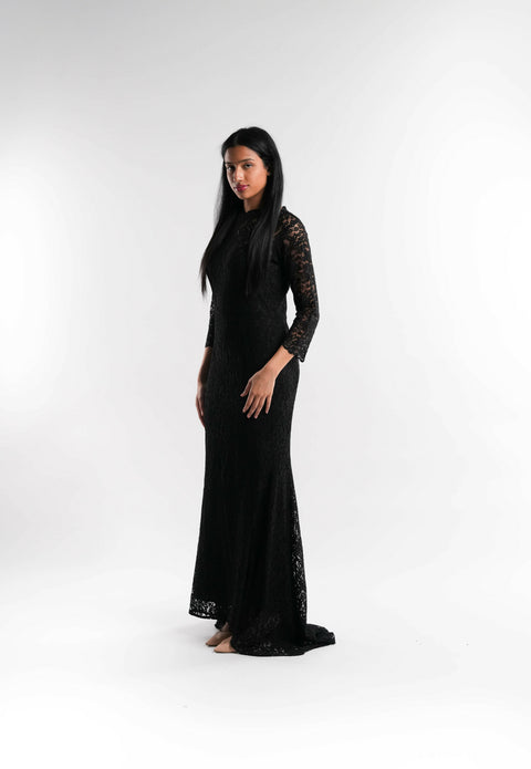 Crystal-Button Lace Dress in Black