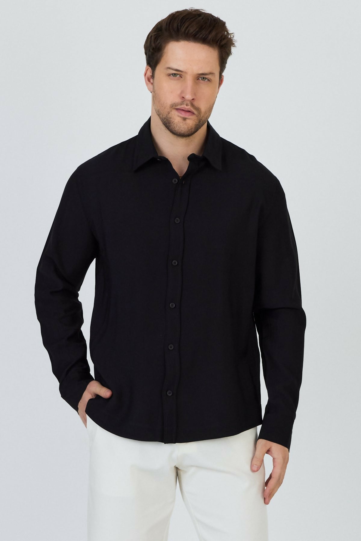 Stand Collar Long Sleeve Shirt - Black