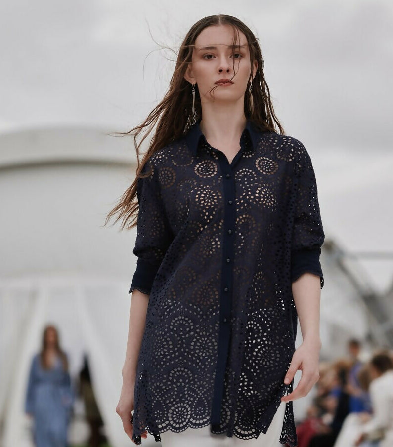 Cotton Shirt with Flowers in Blue