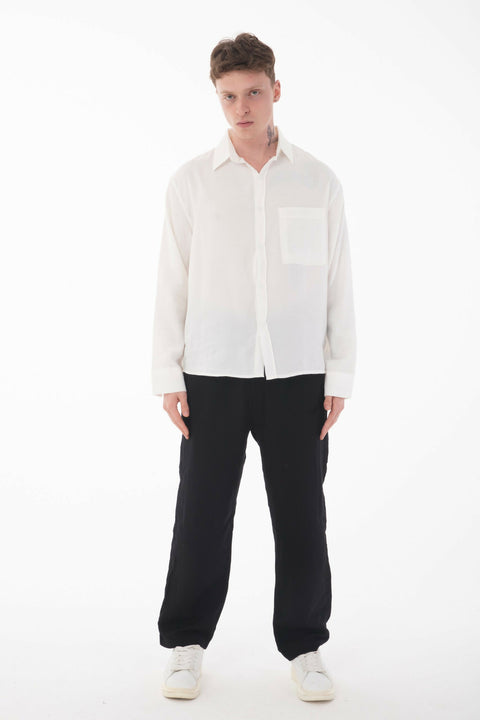 Stand Collar Single Pocket Detailed Long Sleeve Modal Shirt -Ecru