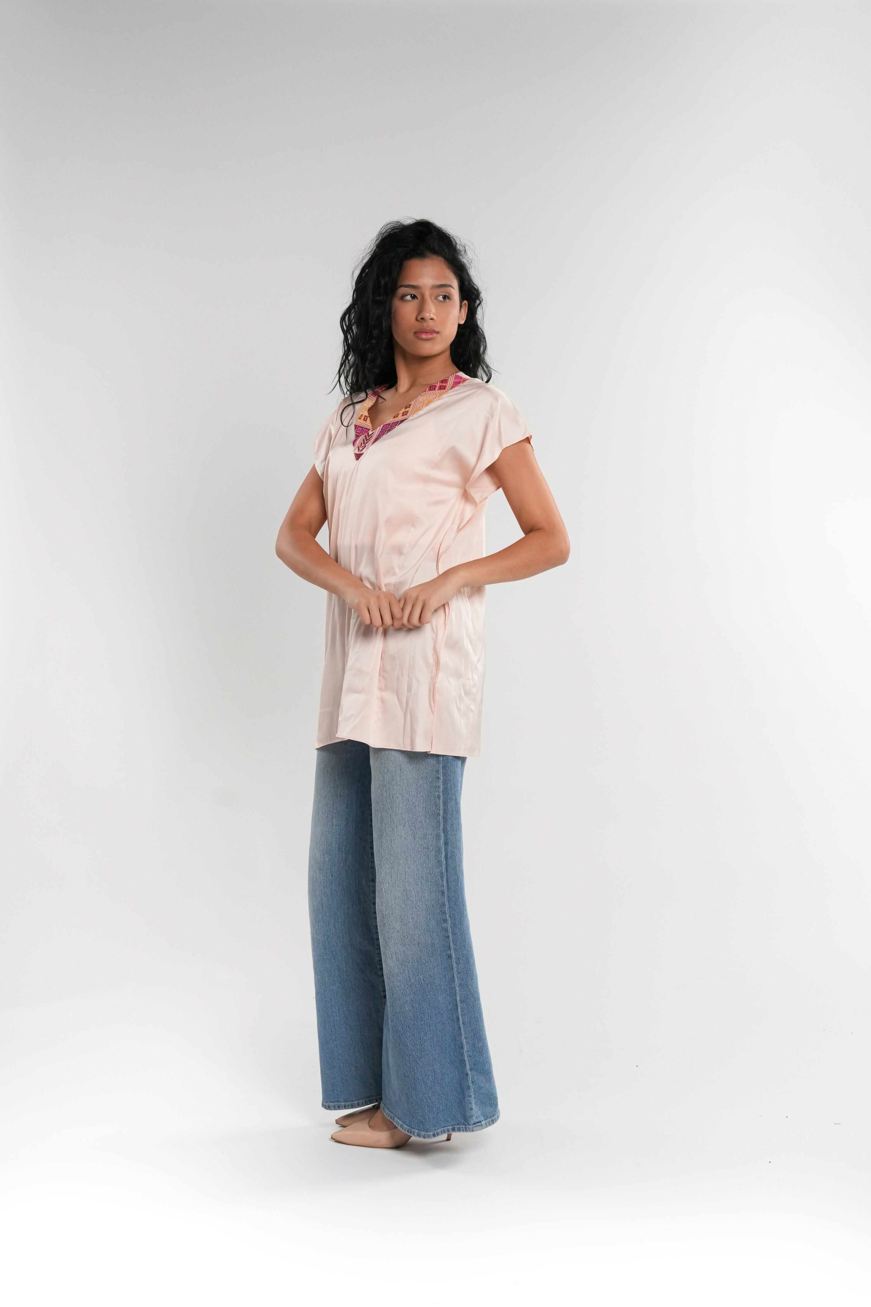 Peach Satin Short Tunic with Embroidered Neckline