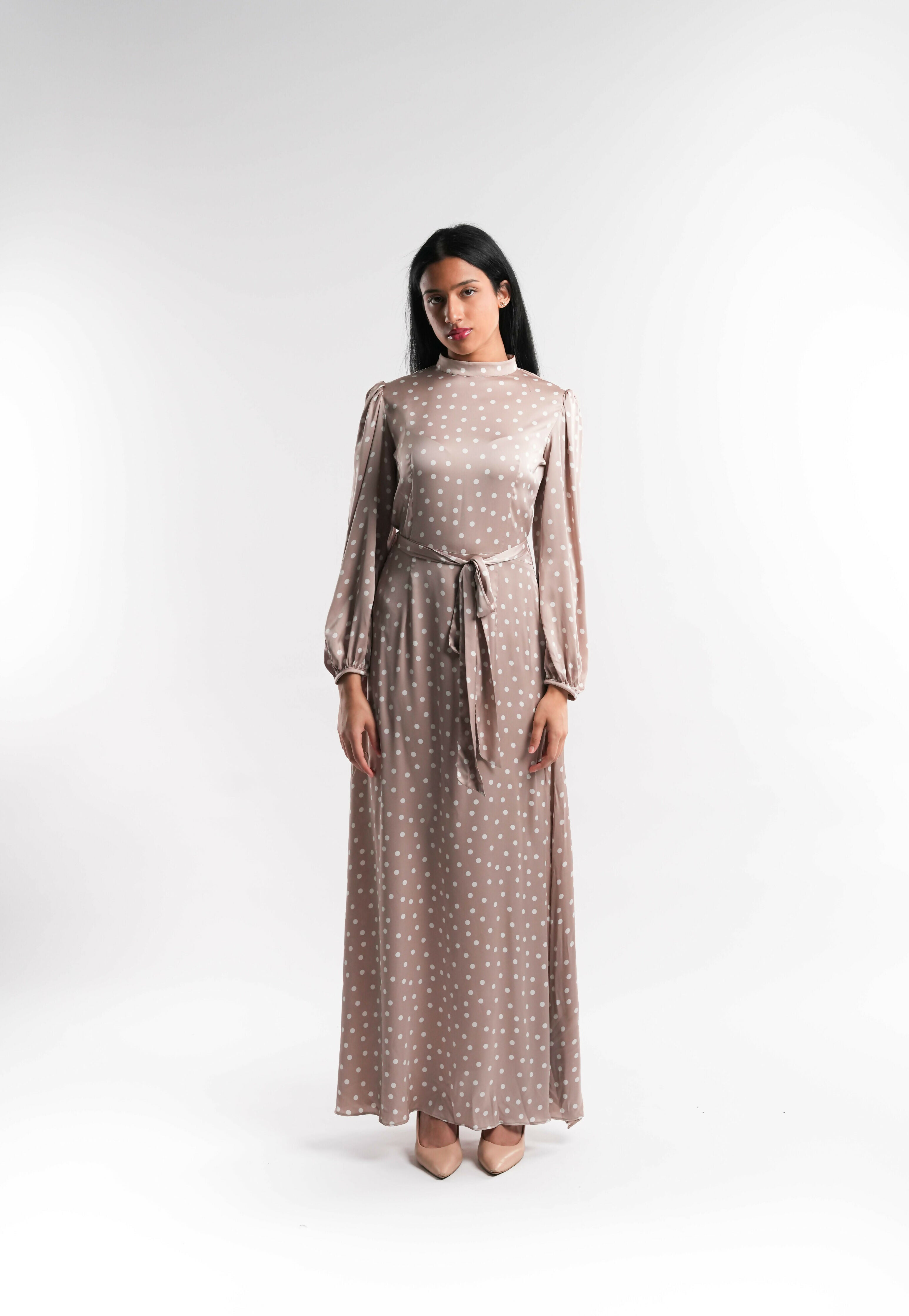 Beige Silk Polka Dot Dress