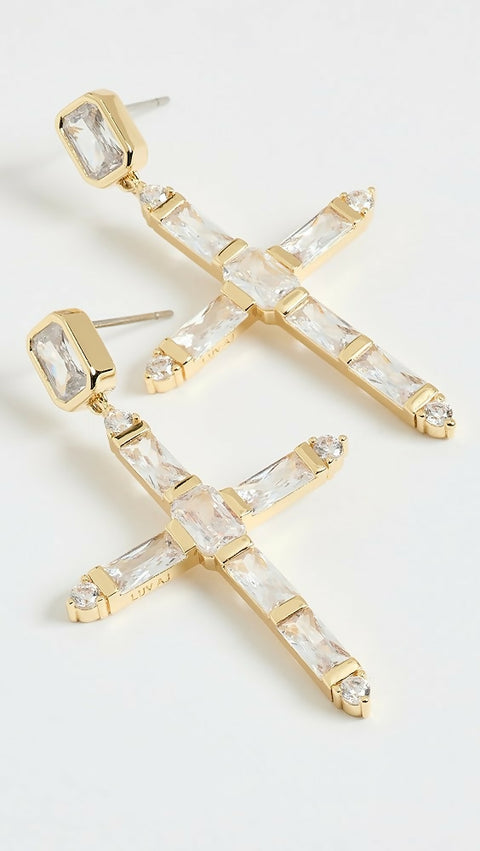 The Baguette Cross Earrings- Gold