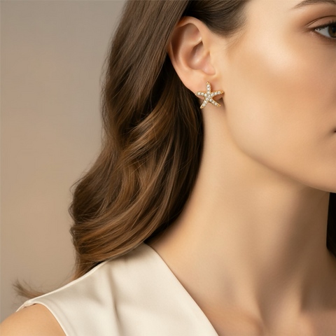 Waterproof Inlaid Cubic Zirconia Starfish Ear Studs