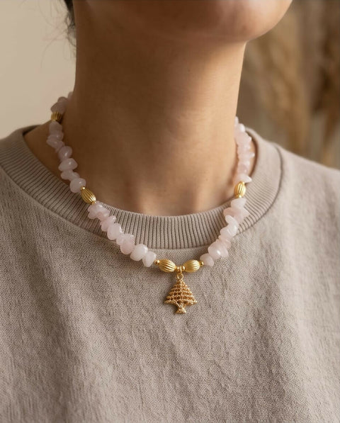 Lebanese Cedar Handmade Necklace /Rose Quartz Stones
