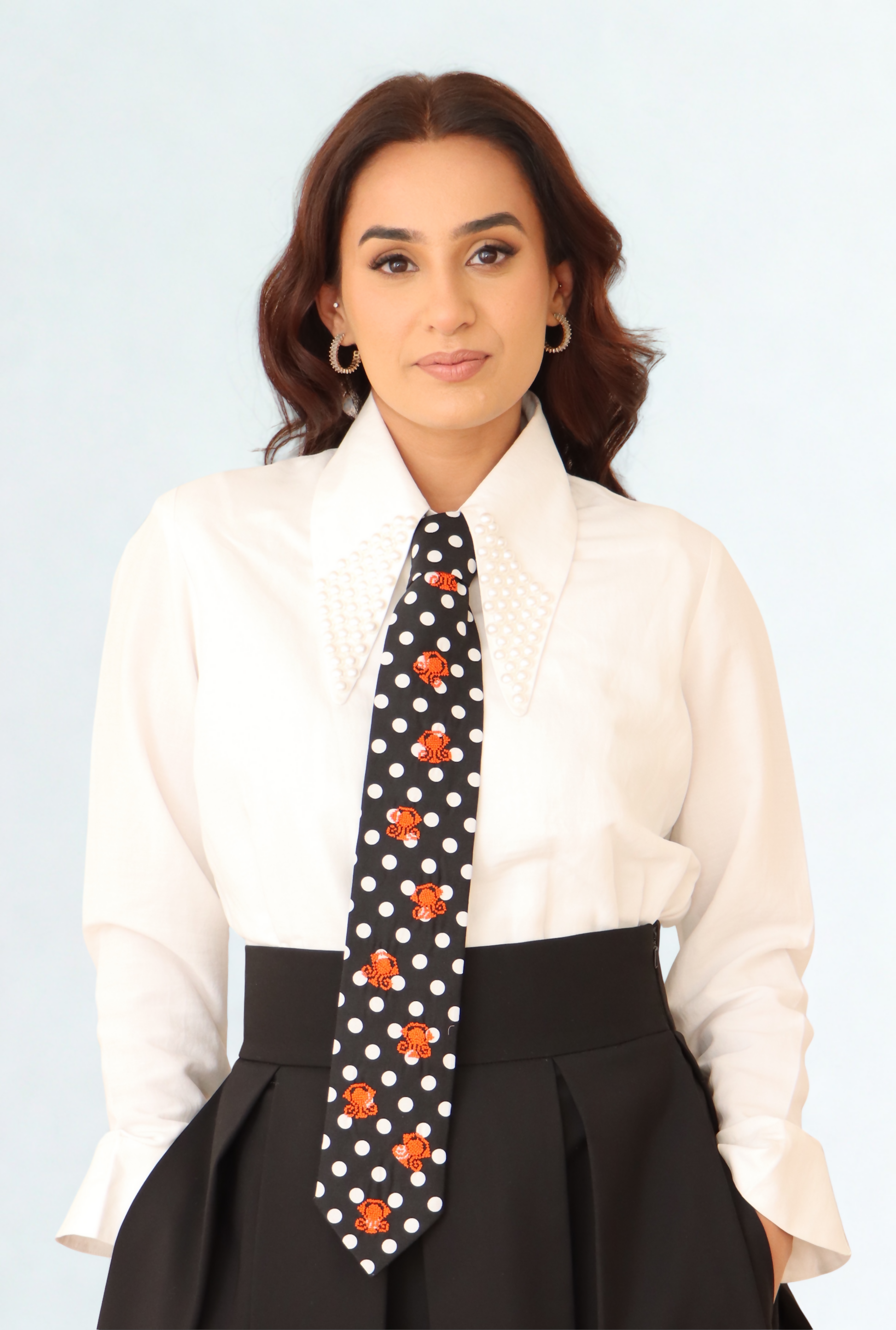Beaded Collar Shirt with Emroidered Tie