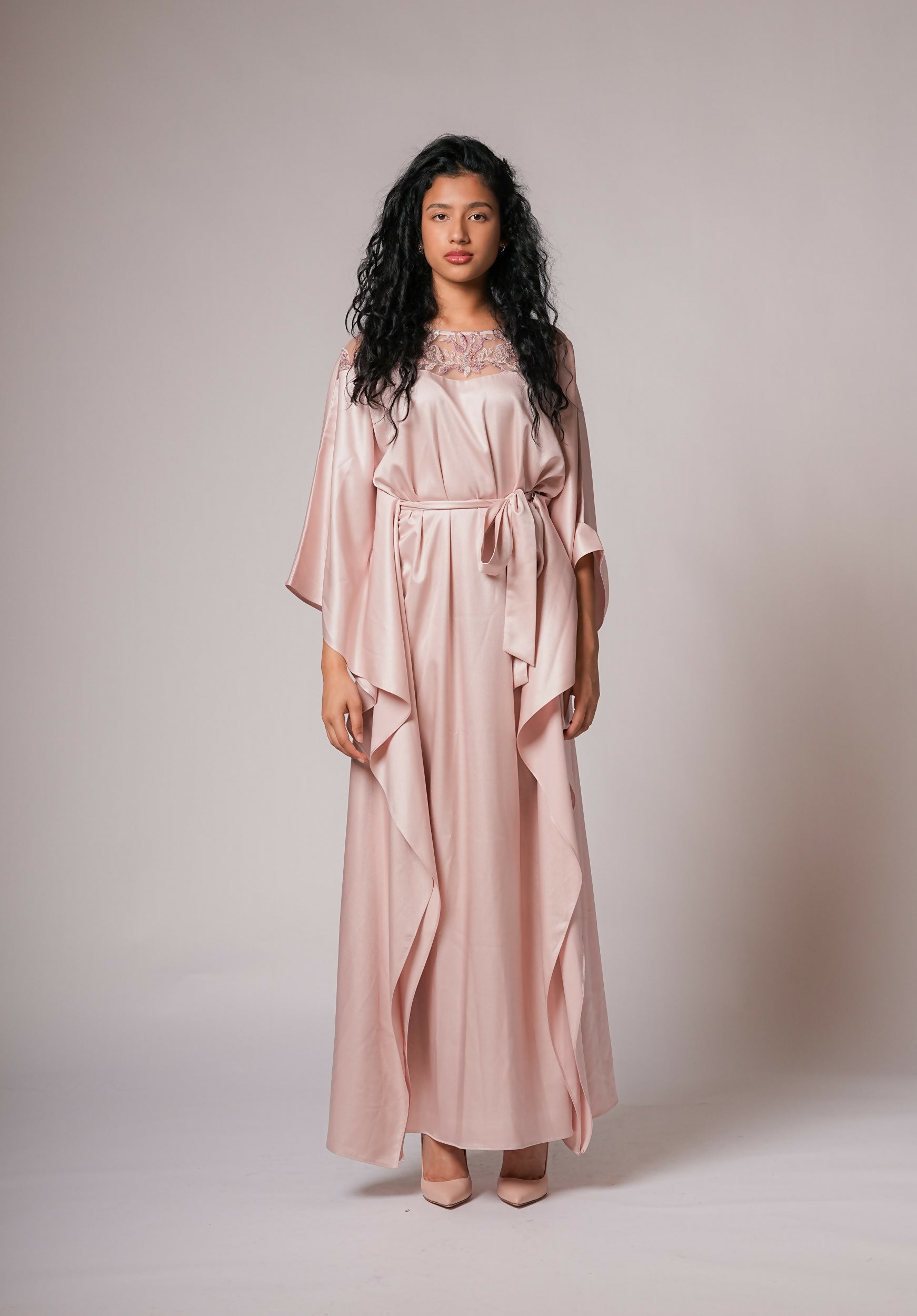 Satin kaftan embellished beaded neckline in dust pink