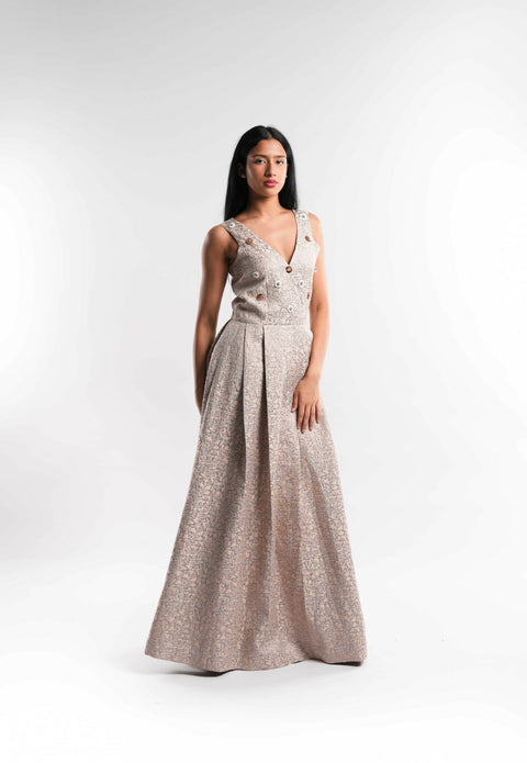 Metallic Brocade Midi Dress in Champagne Beige
