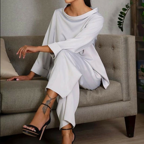 Light Silver Silk Long Sleeve Shirt and Midi Trousers Set